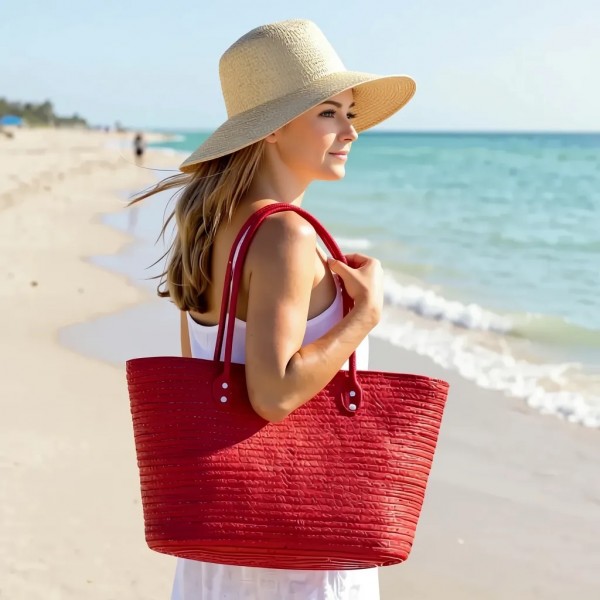 Straw Tote: Paper Straw Tote - Red - BG-R11049RD